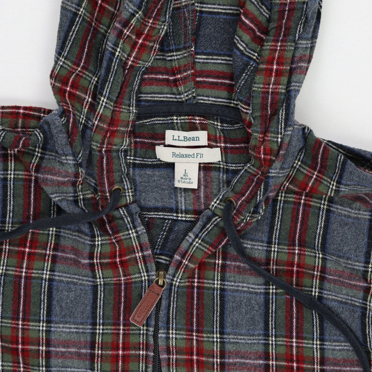 L.L. Bean Hooded Shirt Jacket Red Blue Green Plaid Large Cotton Flannel