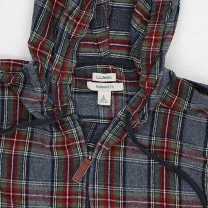L.L. Bean Hooded Shirt Jacket Red Blue Green Plaid Large Cotton Flannel