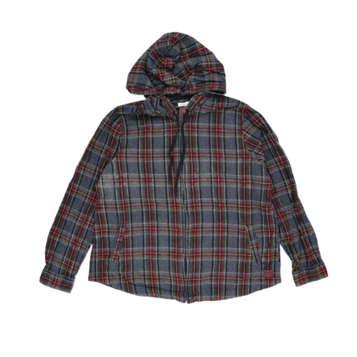L.L. Bean Hooded Shirt Jacket Red Blue Green Plaid Large Cotton Flannel
