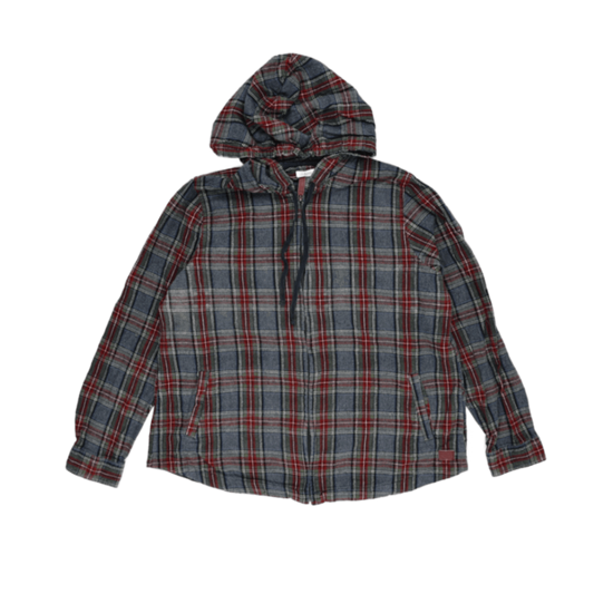 L.L. Bean Hooded Shirt Jacket Red Blue Green Plaid Large Cotton Flannel