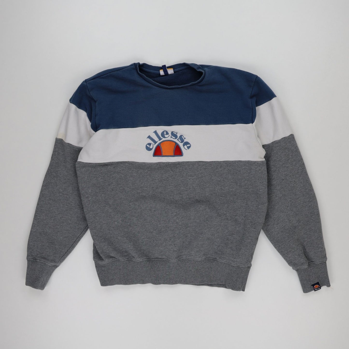 Ellesse XXL Tricolour Logo Crew Neck Sweatshirt Grey White Blue Cotton Blend Vintage