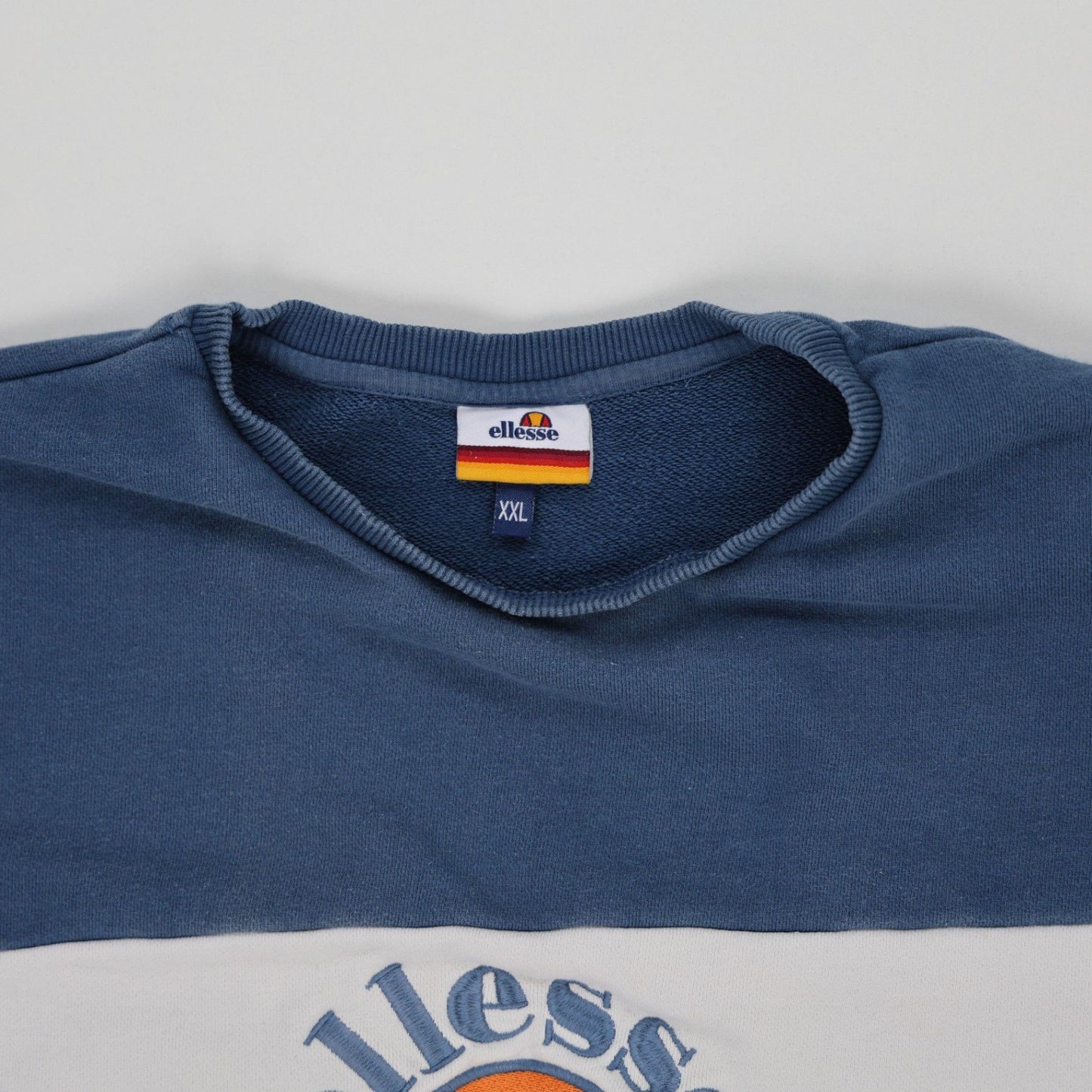 Ellesse XXL Tricolour Logo Crew Neck Sweatshirt Grey White Blue Cotton Blend Vintage