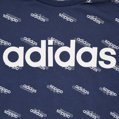 adidas Navy Blue All Over Logo Print Pullover Sweatshirt Large Cotton Blend Crew Neck