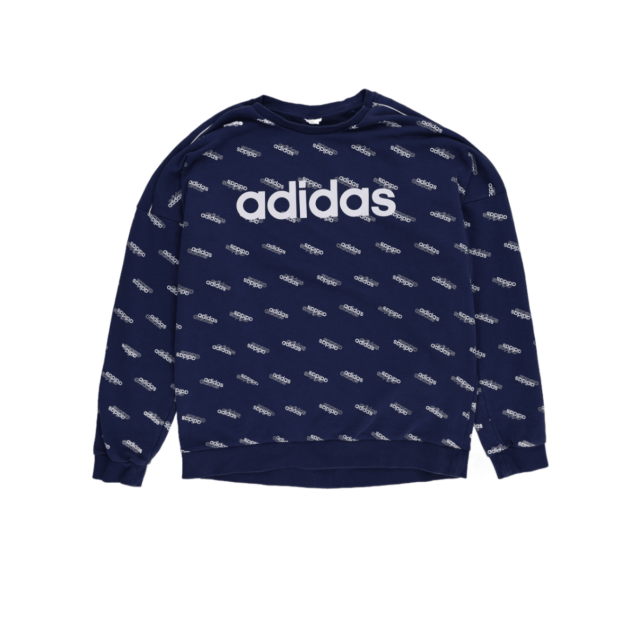 adidas Navy Blue All Over Logo Print Pullover Sweatshirt Large Cotton Blend Crew Neck