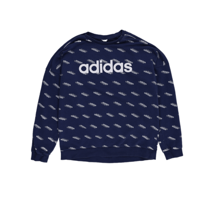 adidas Navy Blue All Over Logo Print Pullover Sweatshirt Large Cotton Blend Crew Neck
