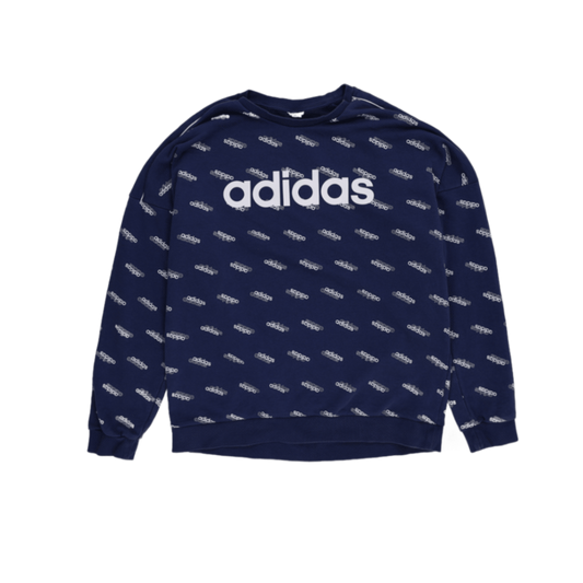 adidas Navy Blue All Over Logo Print Pullover Sweatshirt Large Cotton Blend Crew Neck