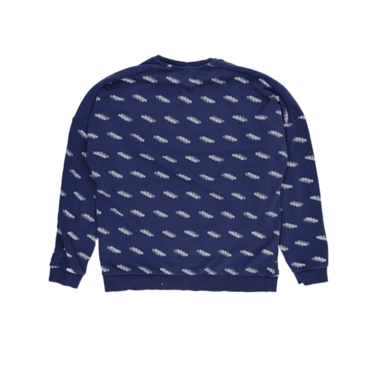 adidas Navy Blue All Over Logo Print Pullover Sweatshirt Large Cotton Blend Crew Neck