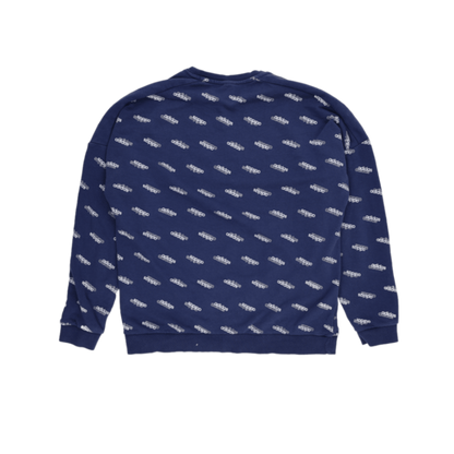 adidas Navy Blue All Over Logo Print Pullover Sweatshirt Large Cotton Blend Crew Neck