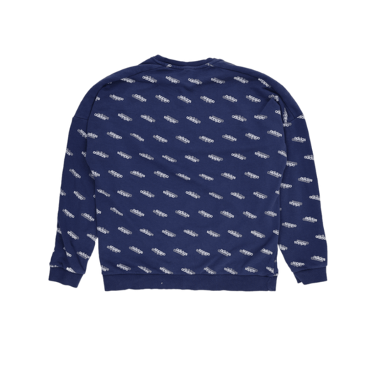 adidas Navy Blue All Over Logo Print Pullover Sweatshirt Large Cotton Blend Crew Neck