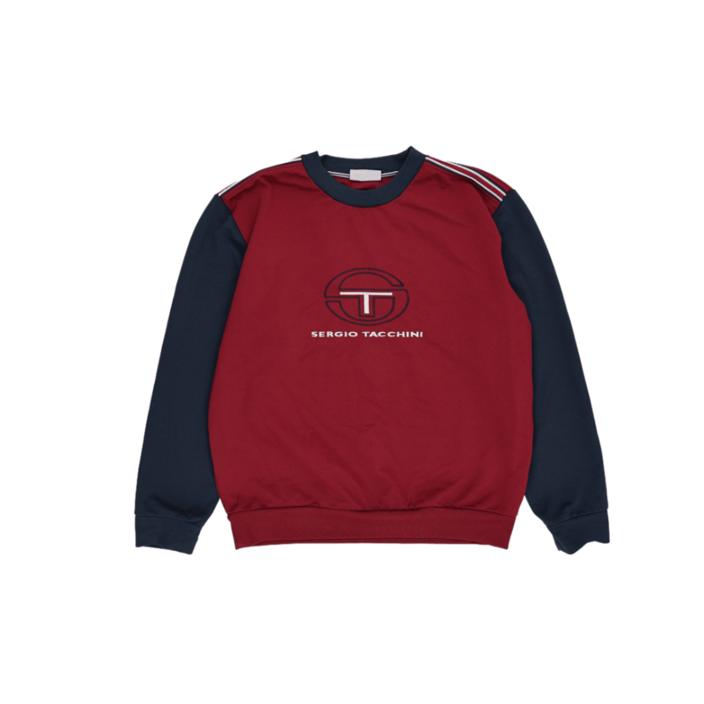 Sergio Tacchini Burgundy Navy Retro Logo Sweatshirt Men Medium Cotton Blend Crew Neck Vintage Sportswear