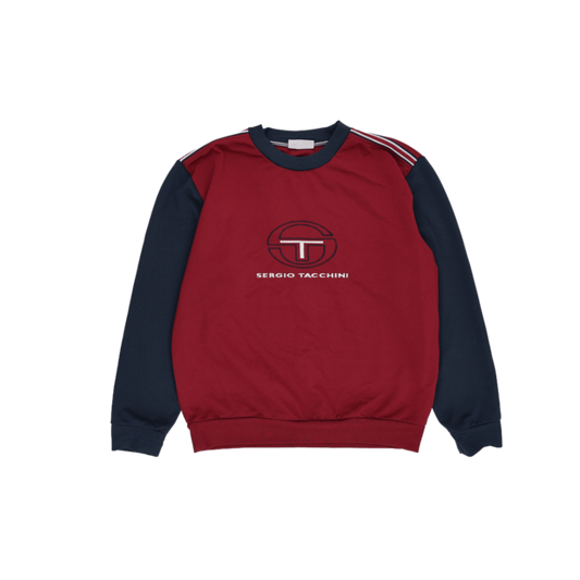 Sergio Tacchini Burgundy Navy Retro Logo Sweatshirt Men Medium Cotton Blend Crew Neck Vintage Sportswear