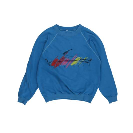 Vintage Abstract Graphic Blue Sweatshirt for Men Size M Cotton Blend Casual Crew Neck