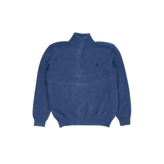 Polo Ralph Lauren Blue Quarter Zip Jumper Men's Medium 100% Cotton Vintage Knitwear