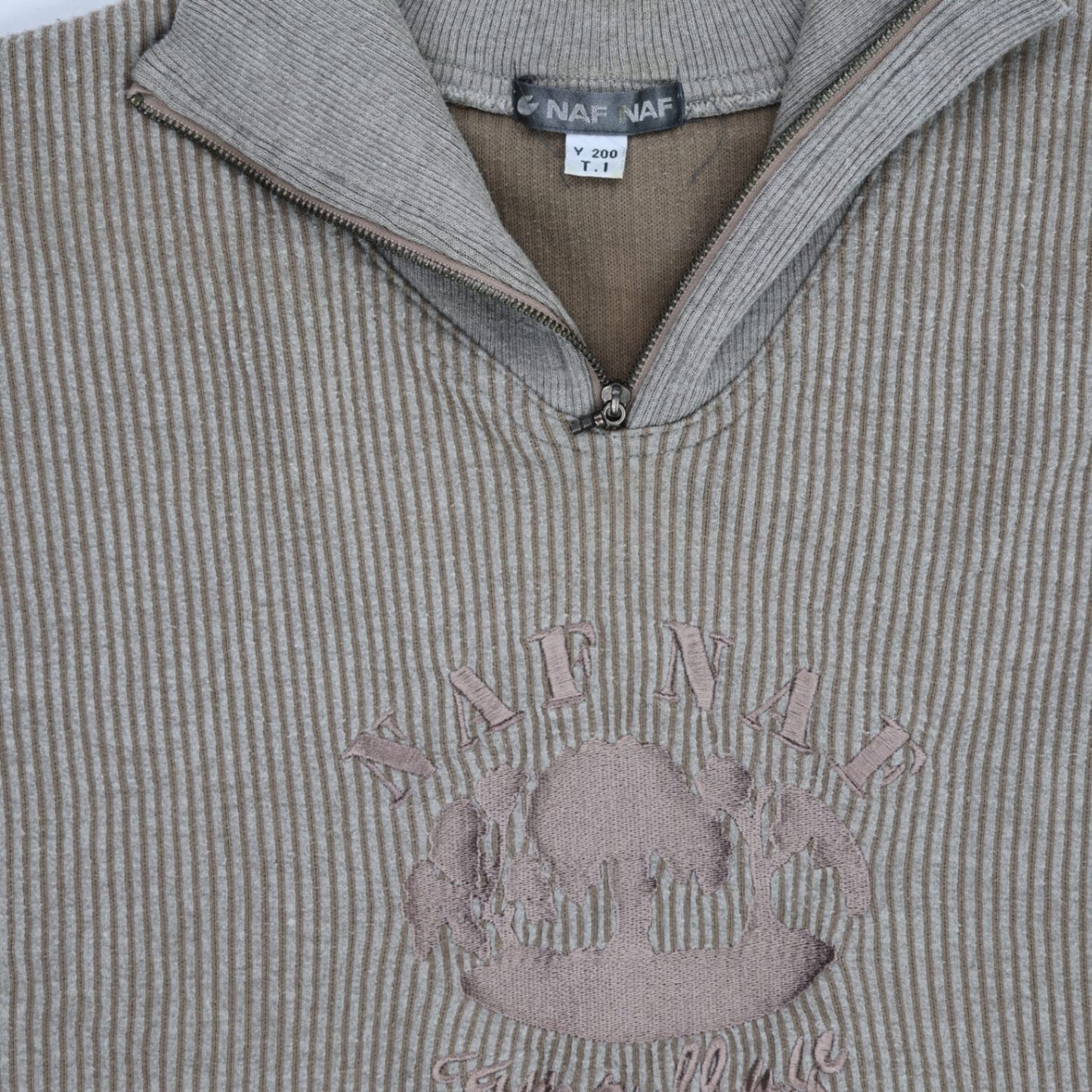 Naf Naf Vintage Taupe Quarter Zip Sweatshirt Unisex Size S Cotton Ribbed