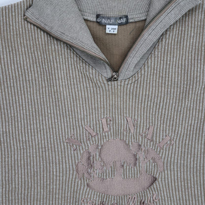 Naf Naf Vintage Taupe Quarter Zip Sweatshirt Unisex Size S Cotton Ribbed