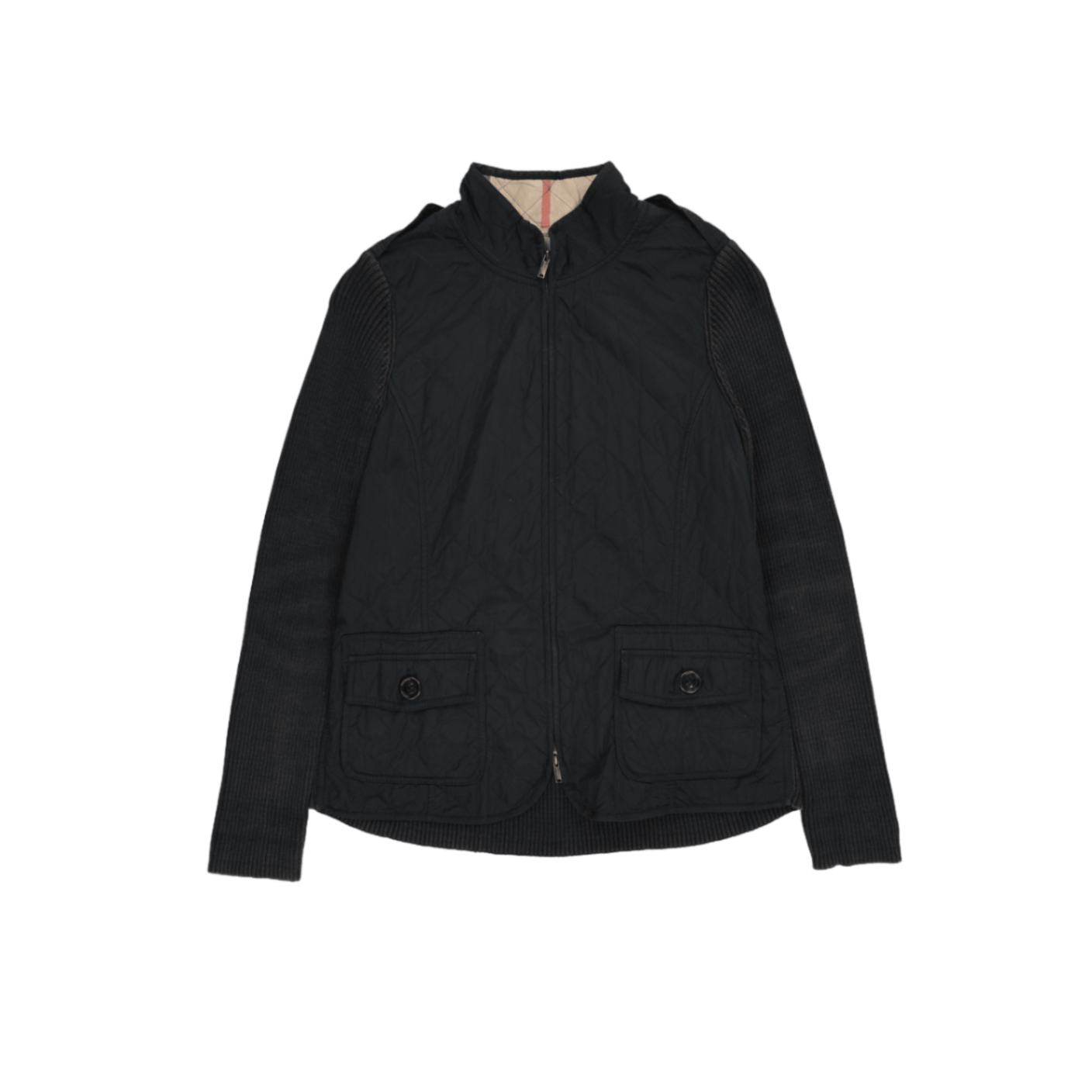 Burberry London Black Quilted Jacket Size S Polyester Wool Blend High Neck