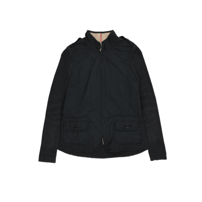 Burberry London Black Quilted Jacket Size S Polyester Wool Blend High Neck