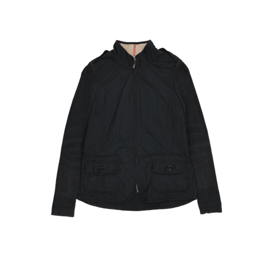 Burberry London Black Quilted Jacket Size S Polyester Wool Blend High Neck