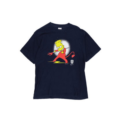 Jerzees Vintage 1998 Bart Simpson Devil Graphic T-Shirt Navy Medium Cotton Crew Neck