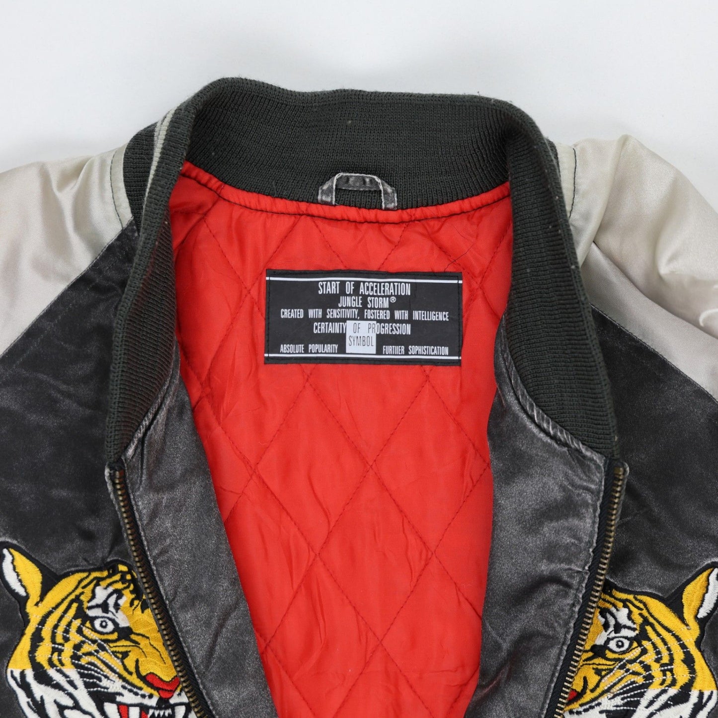 Jungle Storm Vintage Black Silver Embroidered Tiger Sukajan Bomber Jacket XL Polyester Satin