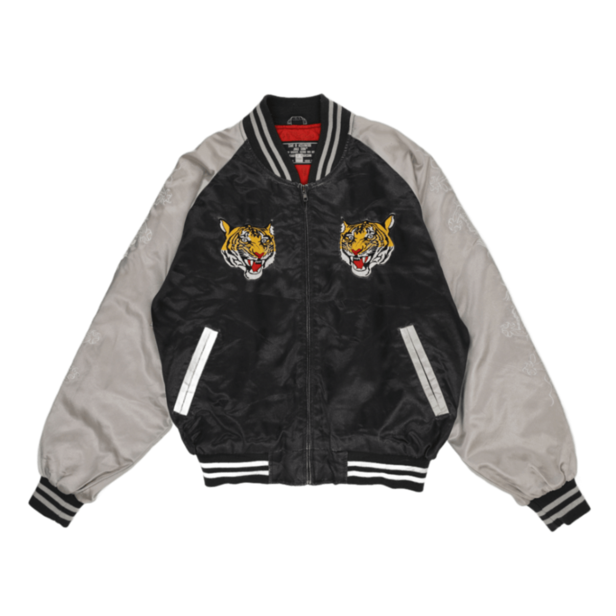 Jungle Storm Vintage Black Silver Embroidered Tiger Sukajan Bomber Jacket XL Polyester Satin