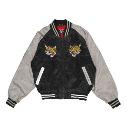 Jungle Storm Vintage Black Silver Embroidered Tiger Sukajan Bomber Jacket XL Polyester Satin