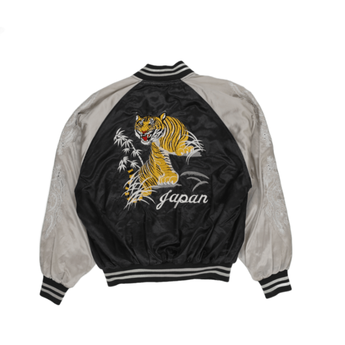 Jungle Storm Vintage Black Silver Embroidered Tiger Sukajan Bomber Jacket XL Polyester Satin