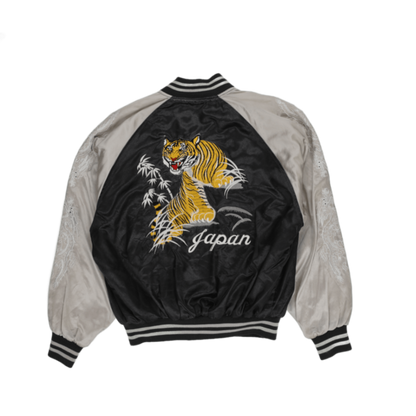 Jungle Storm Vintage Black Silver Embroidered Tiger Sukajan Bomber Jacket XL Polyester Satin