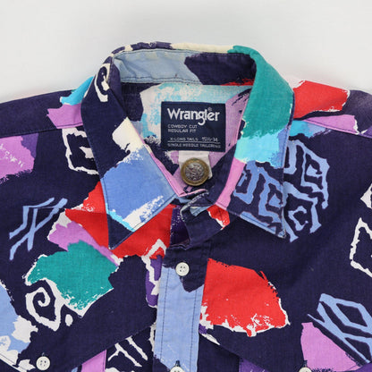 Wrangler Vintage Cowboy Cut Abstract Print Shirt Multicolour Size 15.5 34 Cotton Western Style