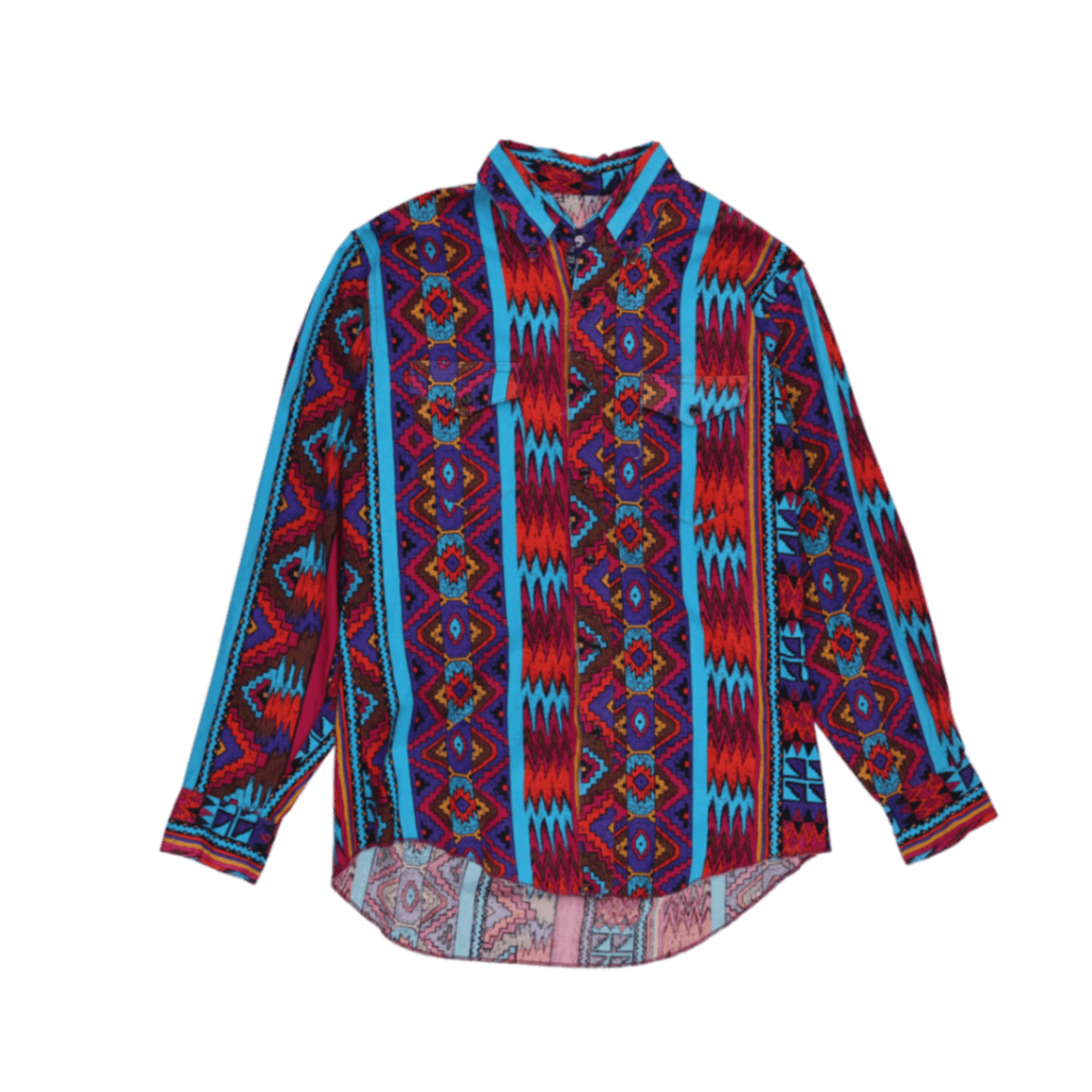 Vintage Aztec Patterned Shirt Red Blue Purple Multi Large Cotton Blend Collared Long Sleeve