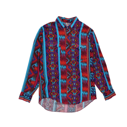 Vintage Aztec Patterned Shirt Red Blue Purple Multi Large Cotton Blend Collared Long Sleeve