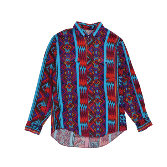 Vintage Aztec Patterned Shirt Red Blue Purple Multi Large Cotton Blend Collared Long Sleeve