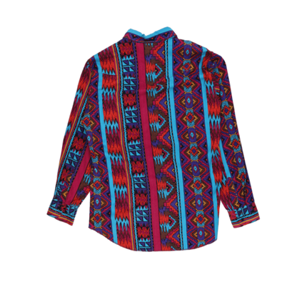 Vintage Aztec Patterned Shirt Red Blue Purple Multi Large Cotton Blend Collared Long Sleeve
