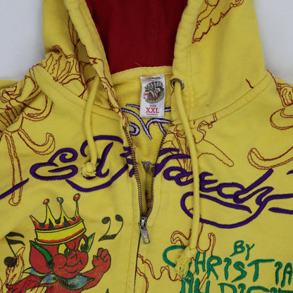 Ed Hardy XXL Yellow Cotton Zip Hoodie Vintage Tattoo Graphic Hooded Sweatshirt