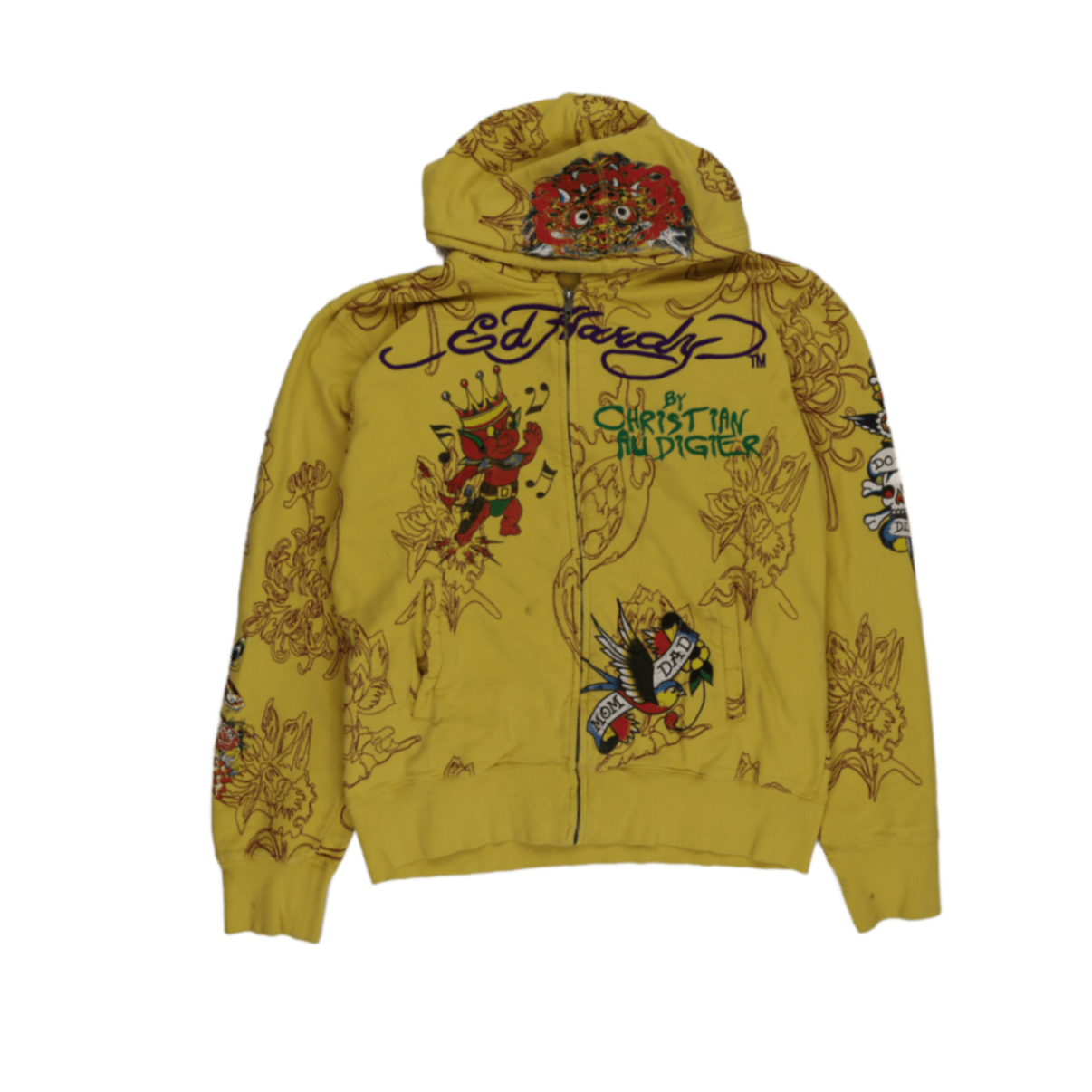 Ed Hardy XXL Yellow Cotton Zip Hoodie Vintage Tattoo Graphic Hooded Sweatshirt