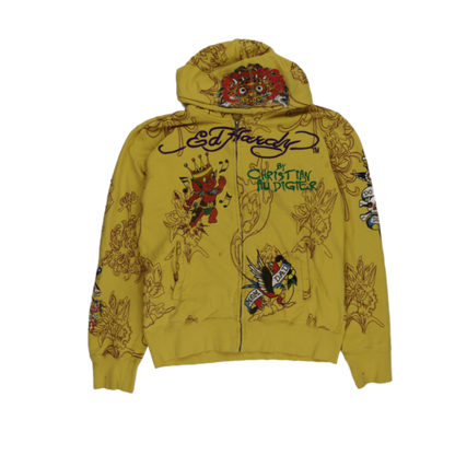 Ed Hardy XXL Yellow Cotton Zip Hoodie Vintage Tattoo Graphic Hooded Sweatshirt