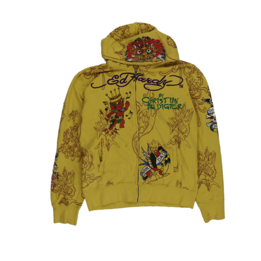 Ed Hardy XXL Yellow Cotton Zip Hoodie Vintage Tattoo Graphic Hooded Sweatshirt