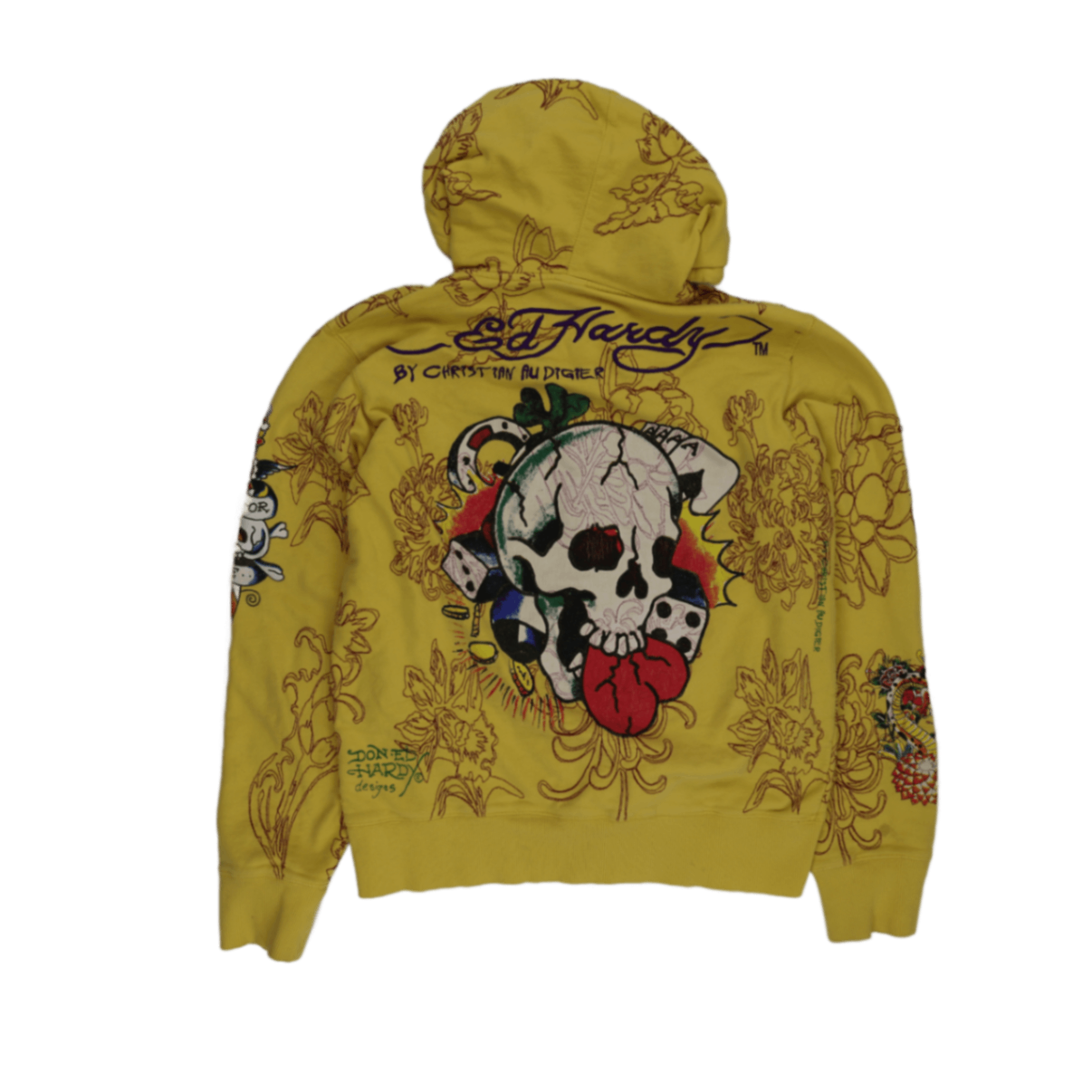 Ed Hardy XXL Yellow Cotton Zip Hoodie Vintage Tattoo Graphic Hooded Sweatshirt