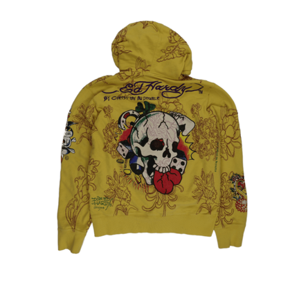 Ed Hardy XXL Yellow Cotton Zip Hoodie Vintage Tattoo Graphic Hooded Sweatshirt