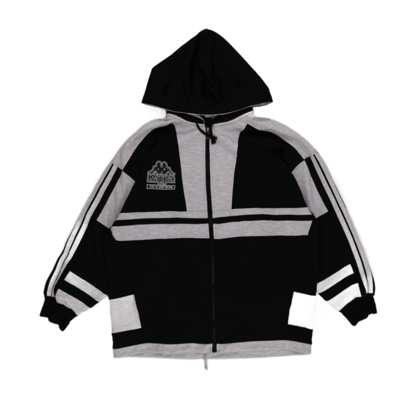 Kappa Vintage Black Grey Colour Block Zip Up Hoodie Large Cotton Blend Retro Sportswear Hooded