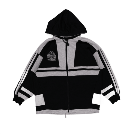 Kappa Vintage Black Grey Colour Block Zip Up Hoodie Large Cotton Blend Retro Sportswear Hooded