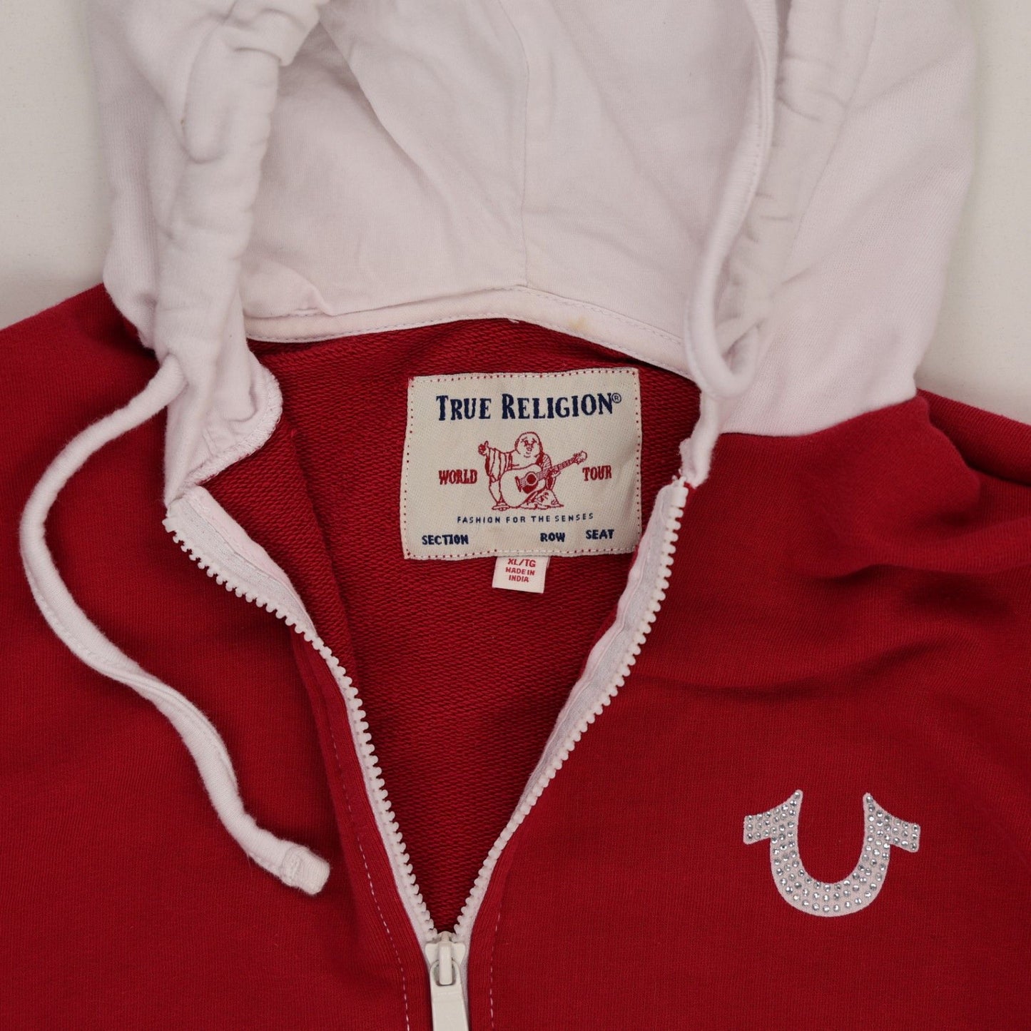 True Religion Red White Panelled Zip Hoodie XL Cotton Blend Unisex Streetwear