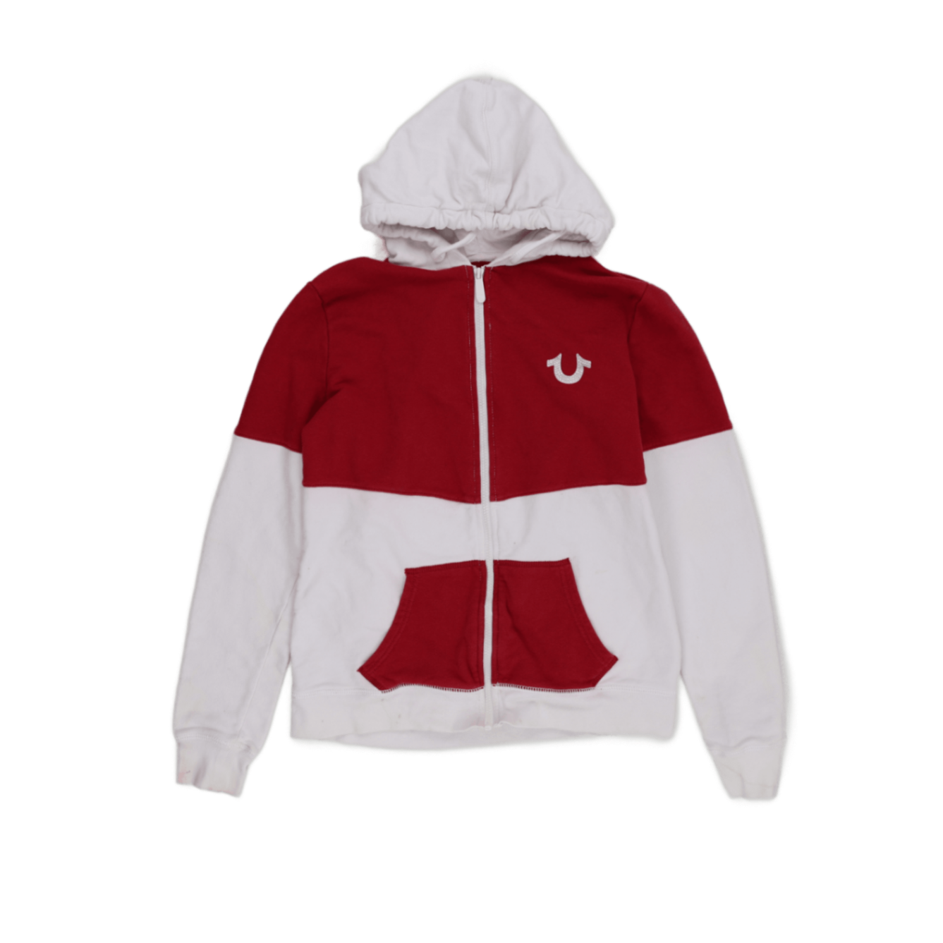 True Religion Red White Panelled Zip Hoodie XL Cotton Blend Unisex Streetwear