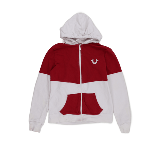 True Religion Red White Panelled Zip Hoodie XL Cotton Blend Unisex Streetwear