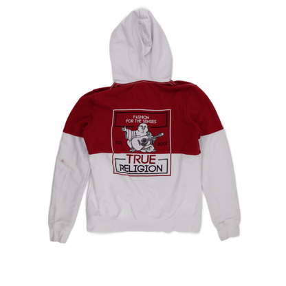 True Religion Red White Panelled Zip Hoodie XL Cotton Blend Unisex Streetwear