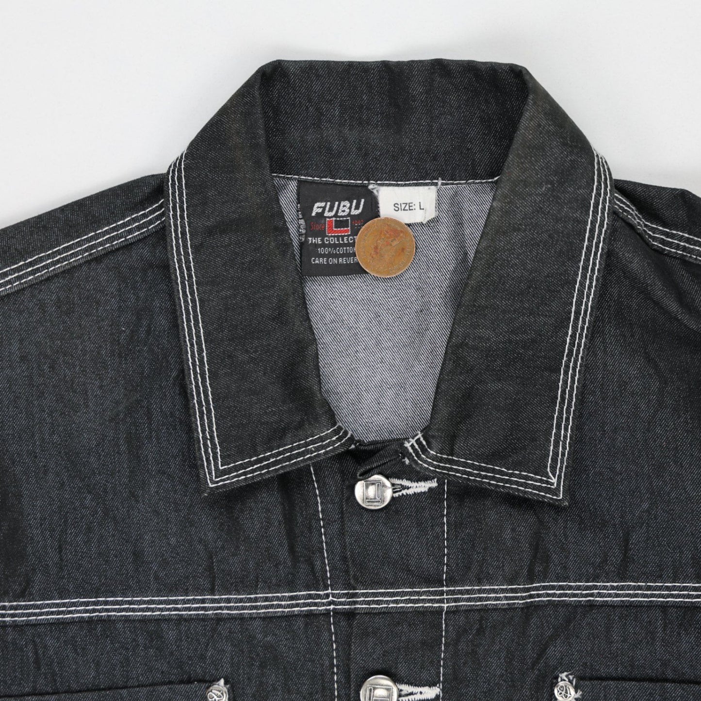FUBU Vintage Black Denim Jacket Large 100 Percent Cotton Collared