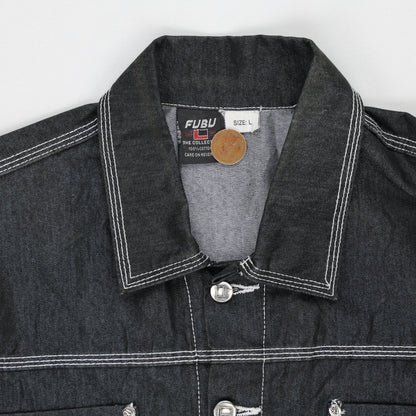 FUBU Vintage Black Denim Jacket Large 100 Percent Cotton Collared