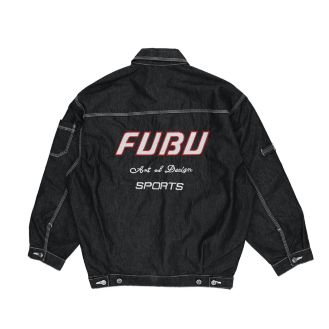 FUBU Vintage Black Denim Jacket Large 100 Percent Cotton Collared