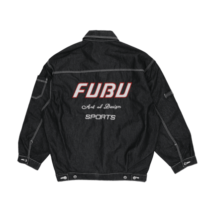 FUBU Vintage Black Denim Jacket Large 100 Percent Cotton Collared