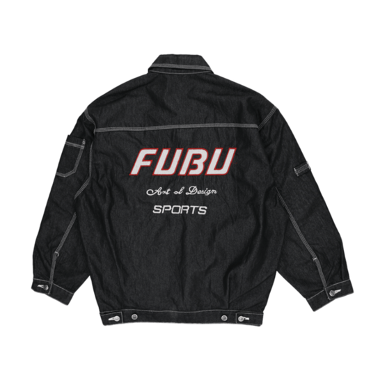 FUBU Vintage Black Denim Jacket Large 100 Percent Cotton Collared